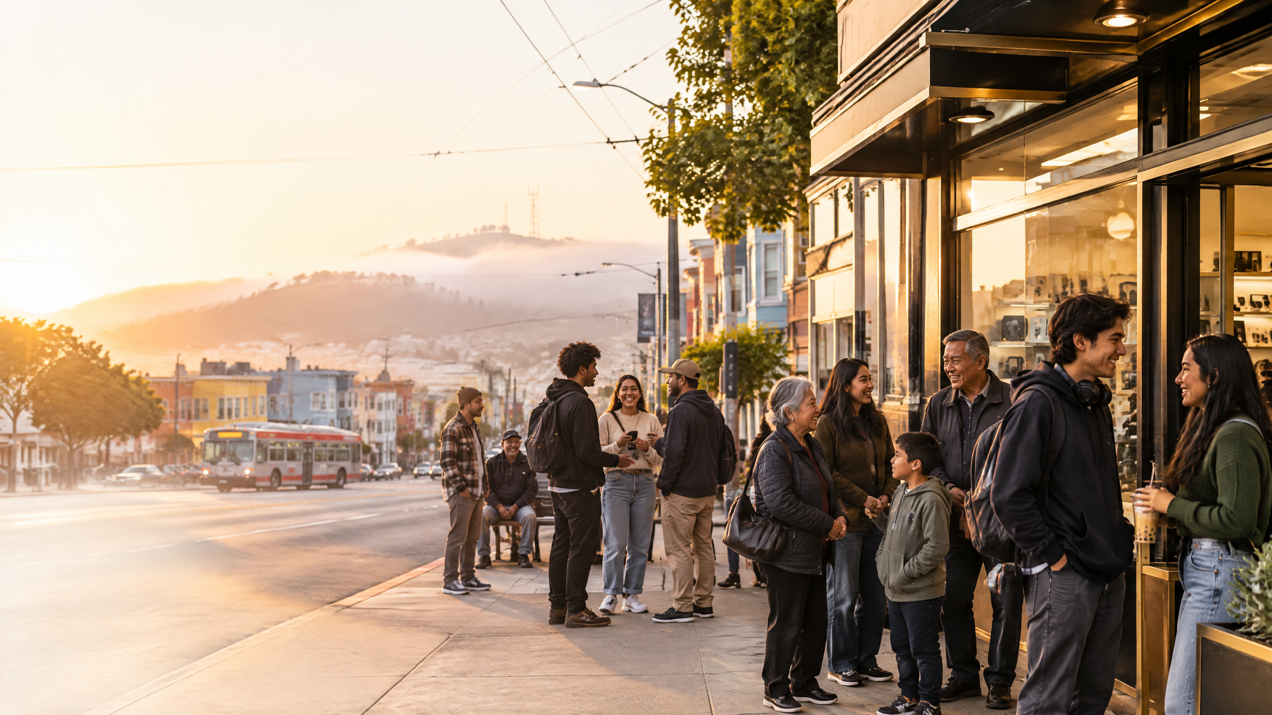 Illustration of generations of neighbors gathering outside a Mission Street electronics store