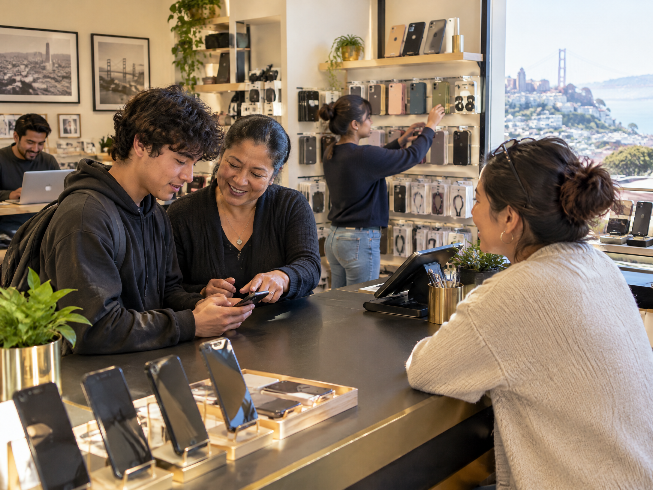 Illustration of family members and young adults learning and working inside a neighborhood electronics store
