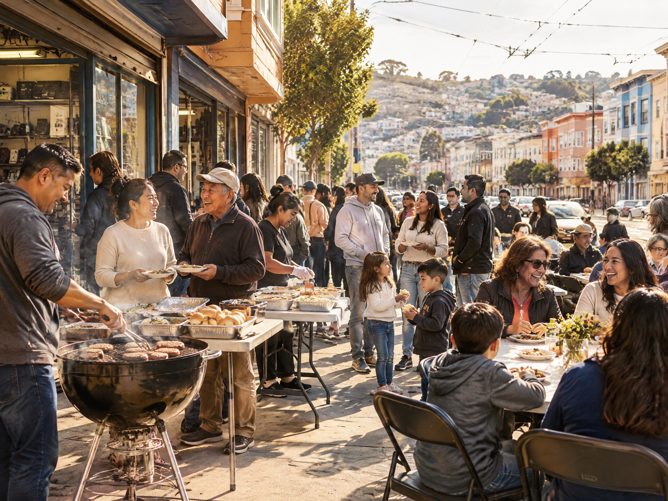Illustration of neighbors, customers, families, and friends sharing a sidewalk barbecue