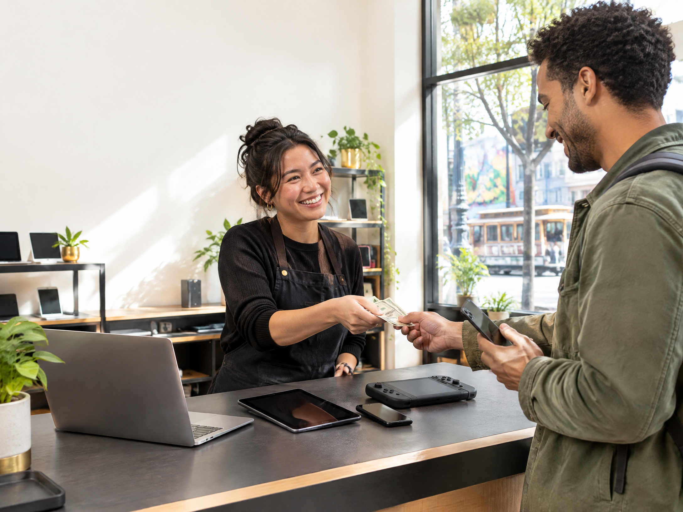 Illustration of a customer receiving cash after selling electronics at a local store